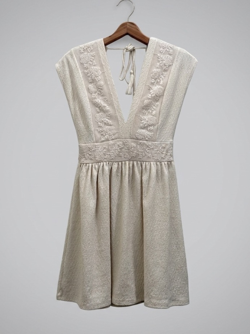 Zara Cream Embroidered Mini Dress with a V-neck and Open Back with Tassel Ties
